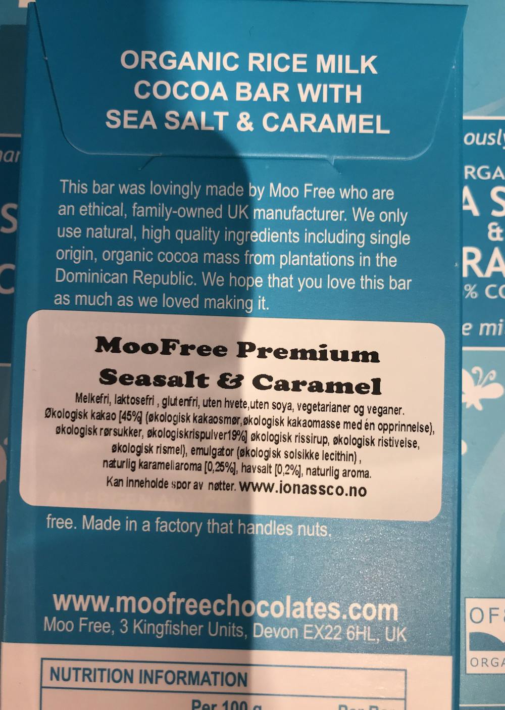 Ingredienslisten til Moo free Rice milk bar, sea salt & caramel