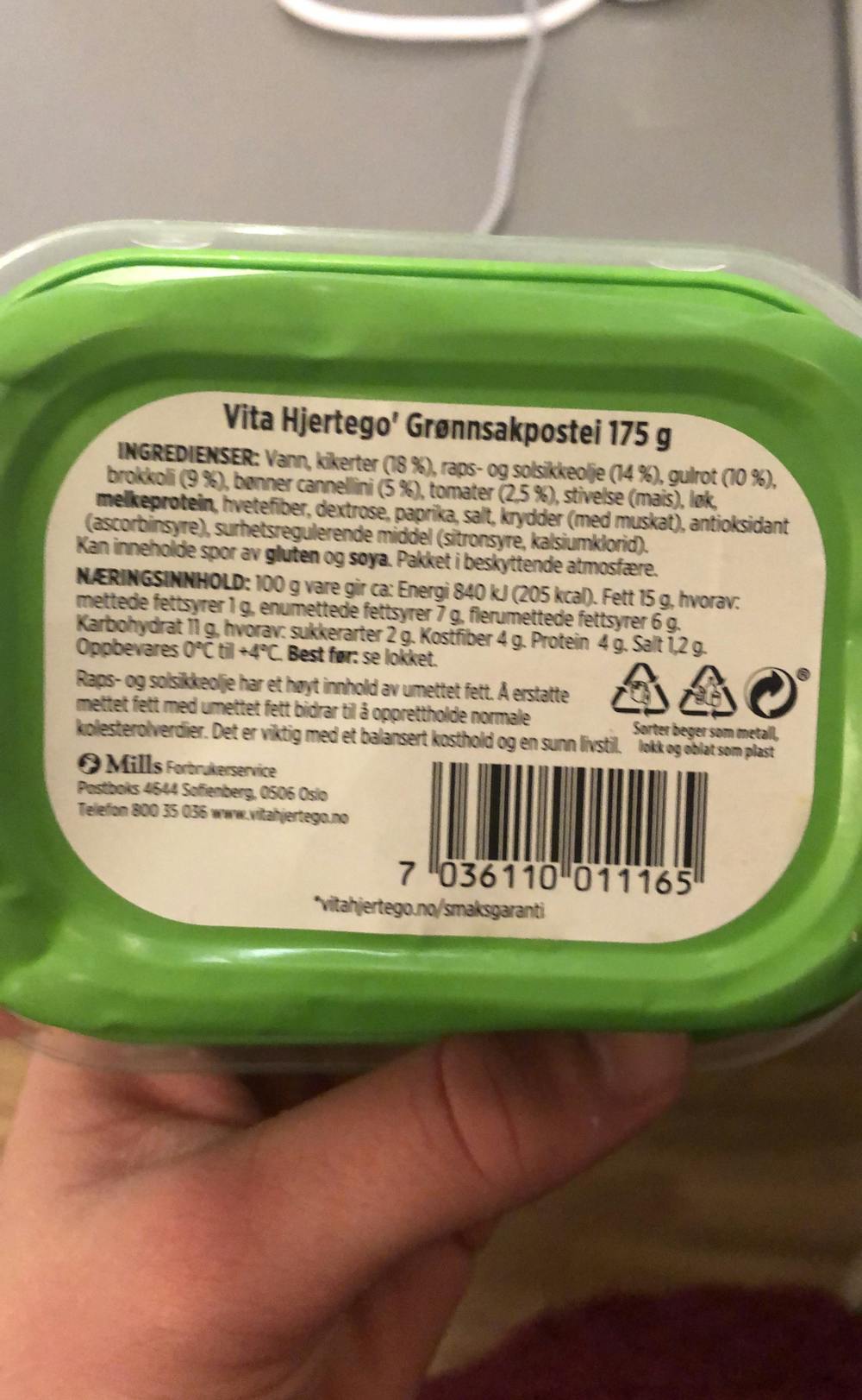 Ingredienslisten til Vita hjertego' Grønnsakspostei