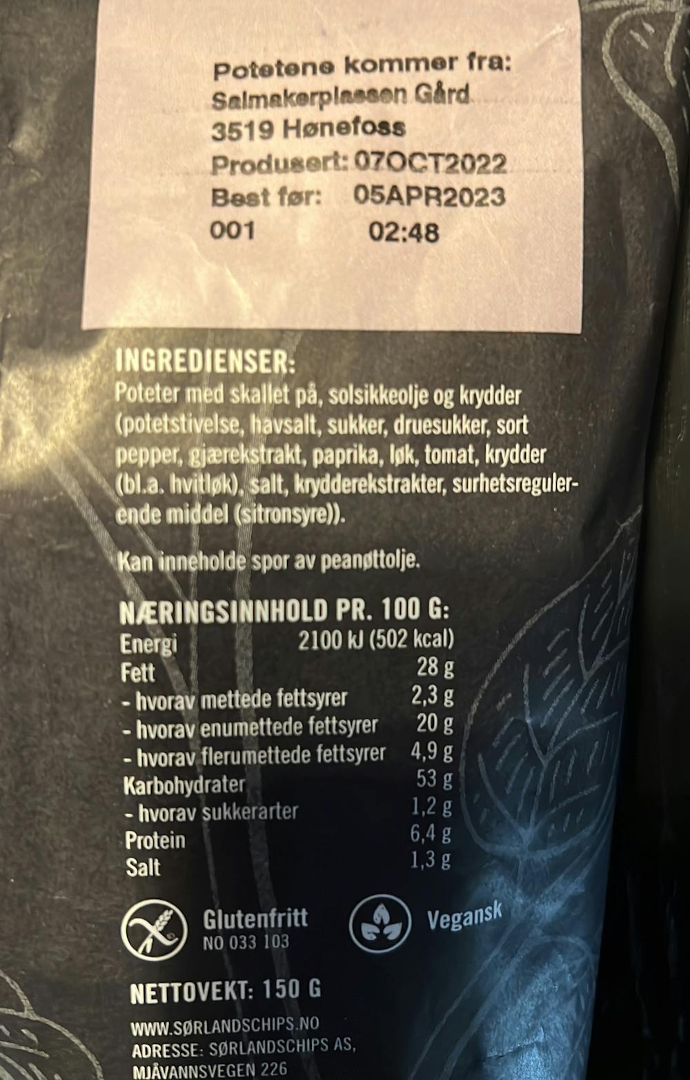 Ingrediensliste - TYNN & SPRØ Havsalt & Sort Pepper, Sørlandschips