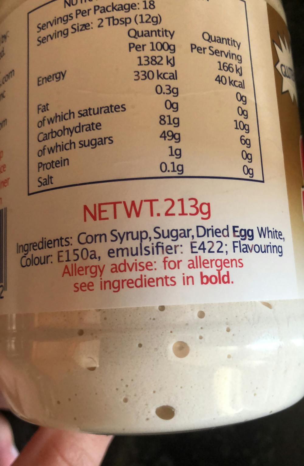Ingredienslisten til Caramel flavour marshmallows, Fluff