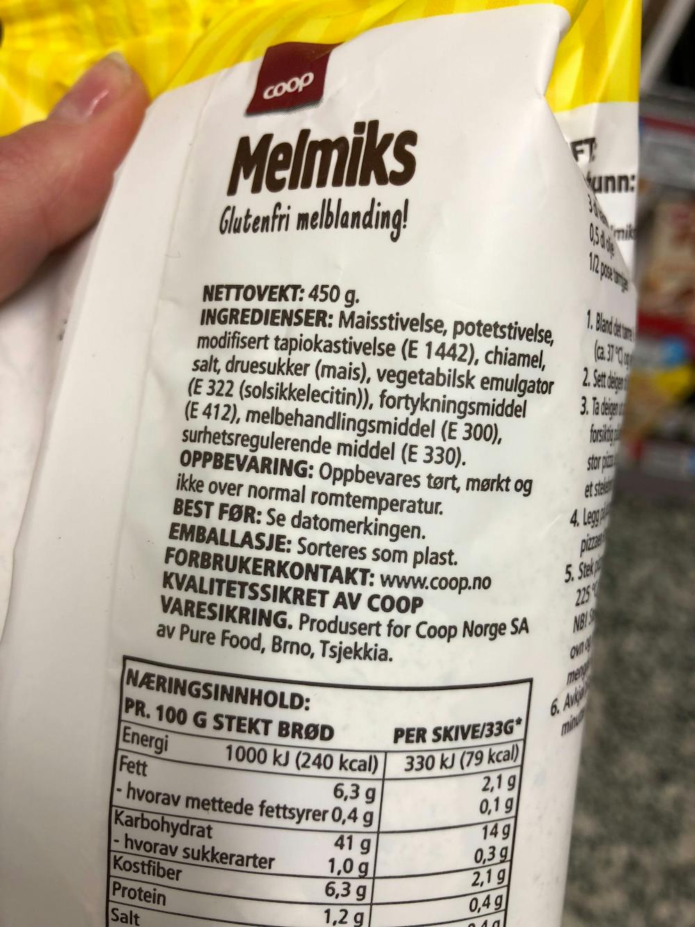 Ingredienslisten til Coop Melmiks glutenfri melblanding