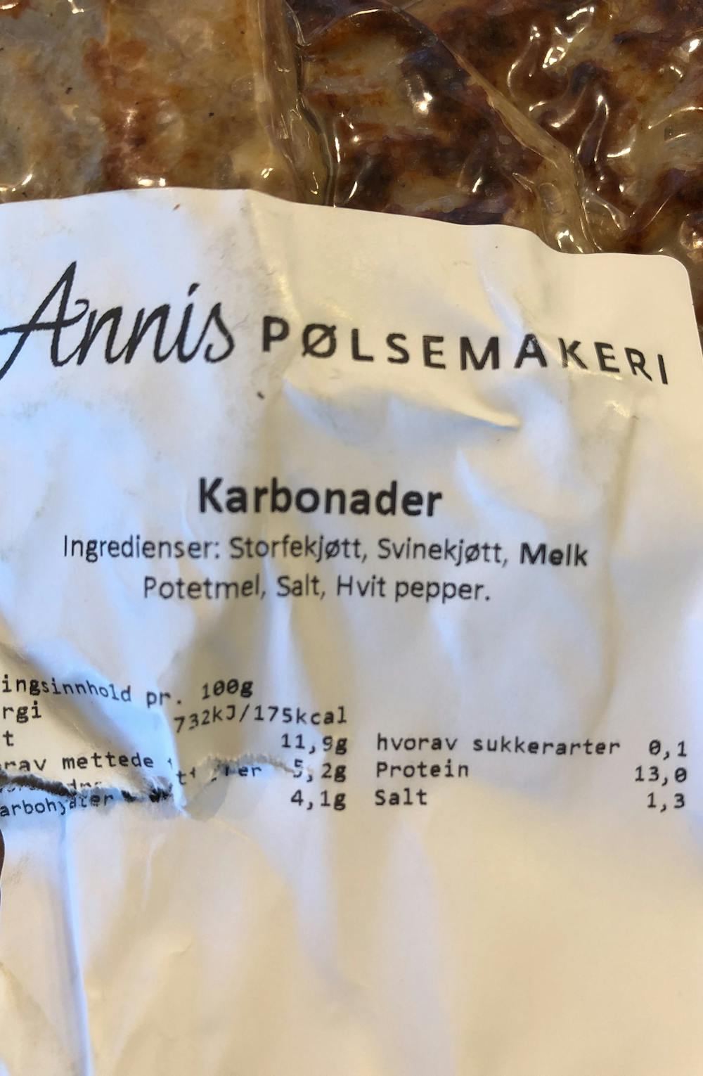 Ingrediensliste - Karbonader, Annis Pølsemakeri