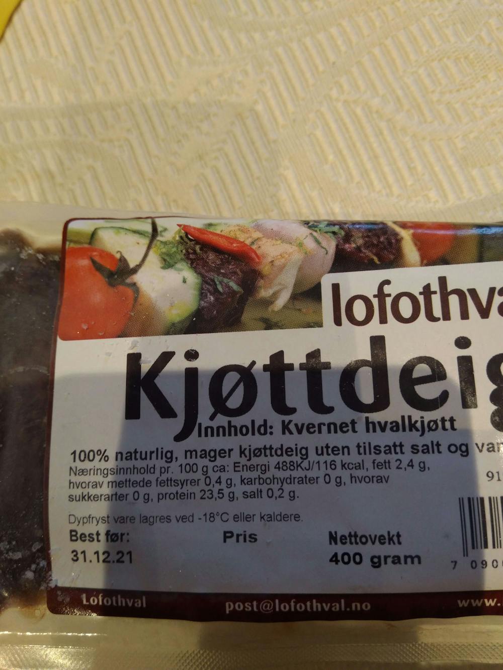Ingredienslisten til Lofothval Kjøttdeig