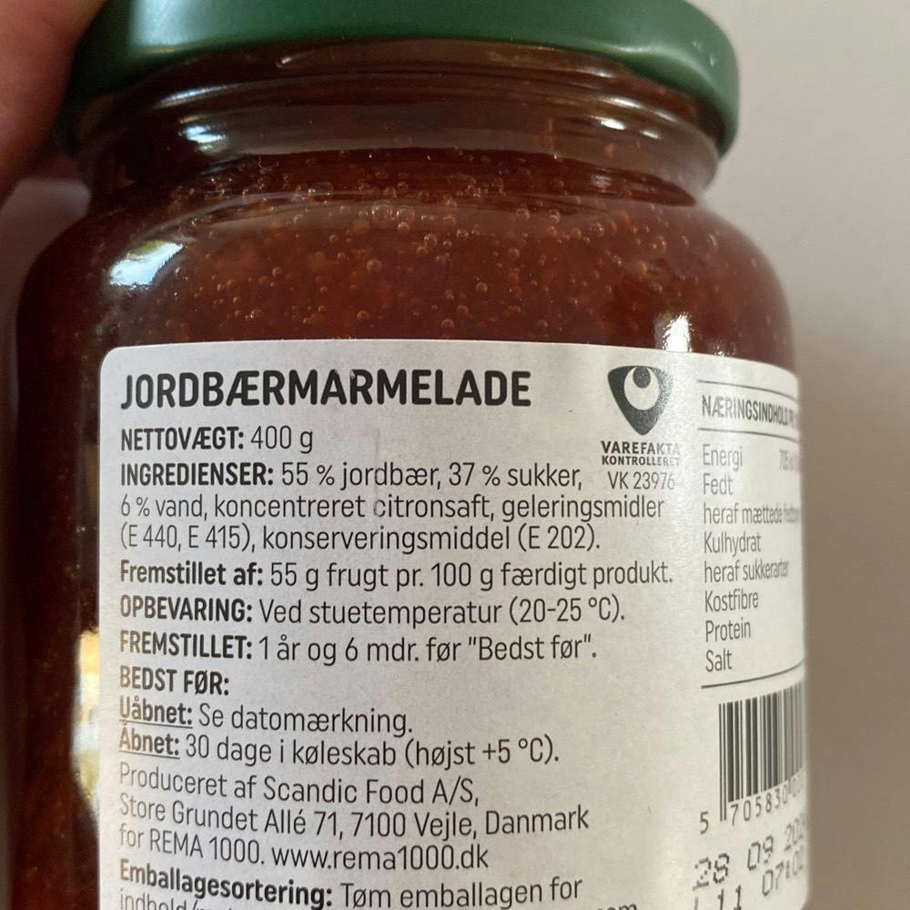 Ingrediensliste - Jordbærmarmelade, Rema 1000