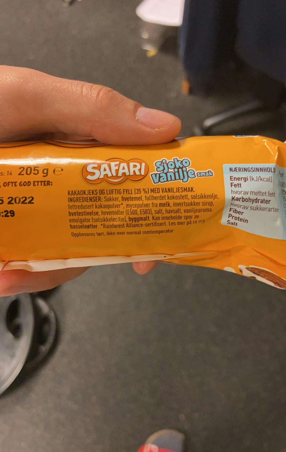 Ingredienslisten til Safari, sjoko vanilje smak, Sætre