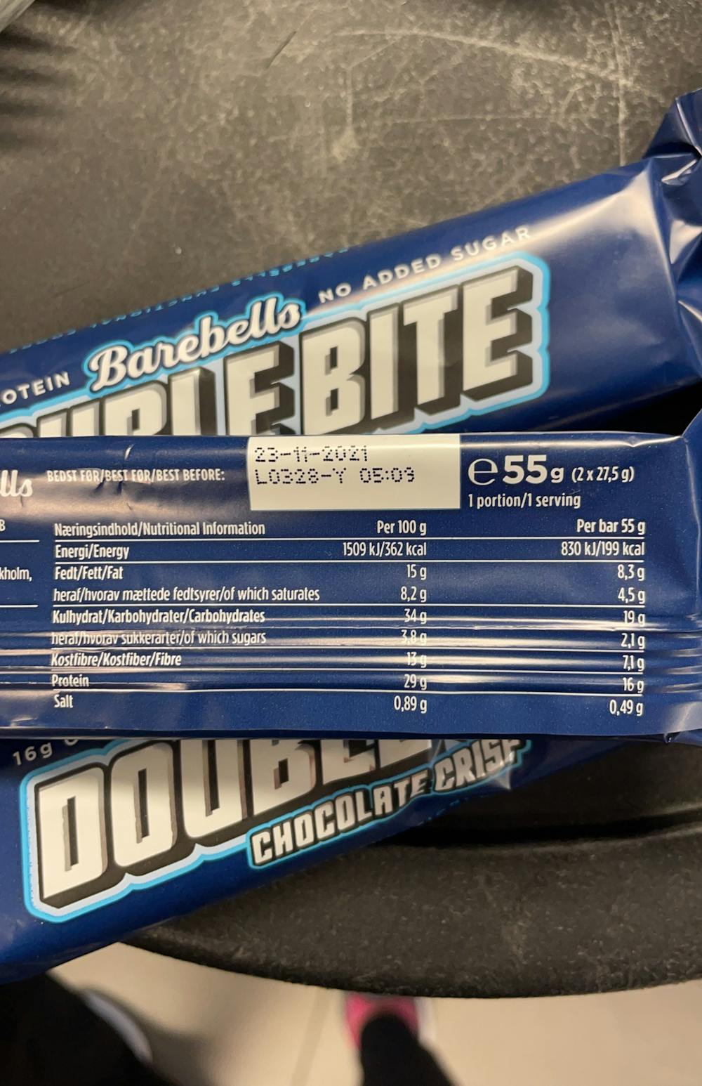 Ingredienslisten til Double bite chocolate crisp, Barebells