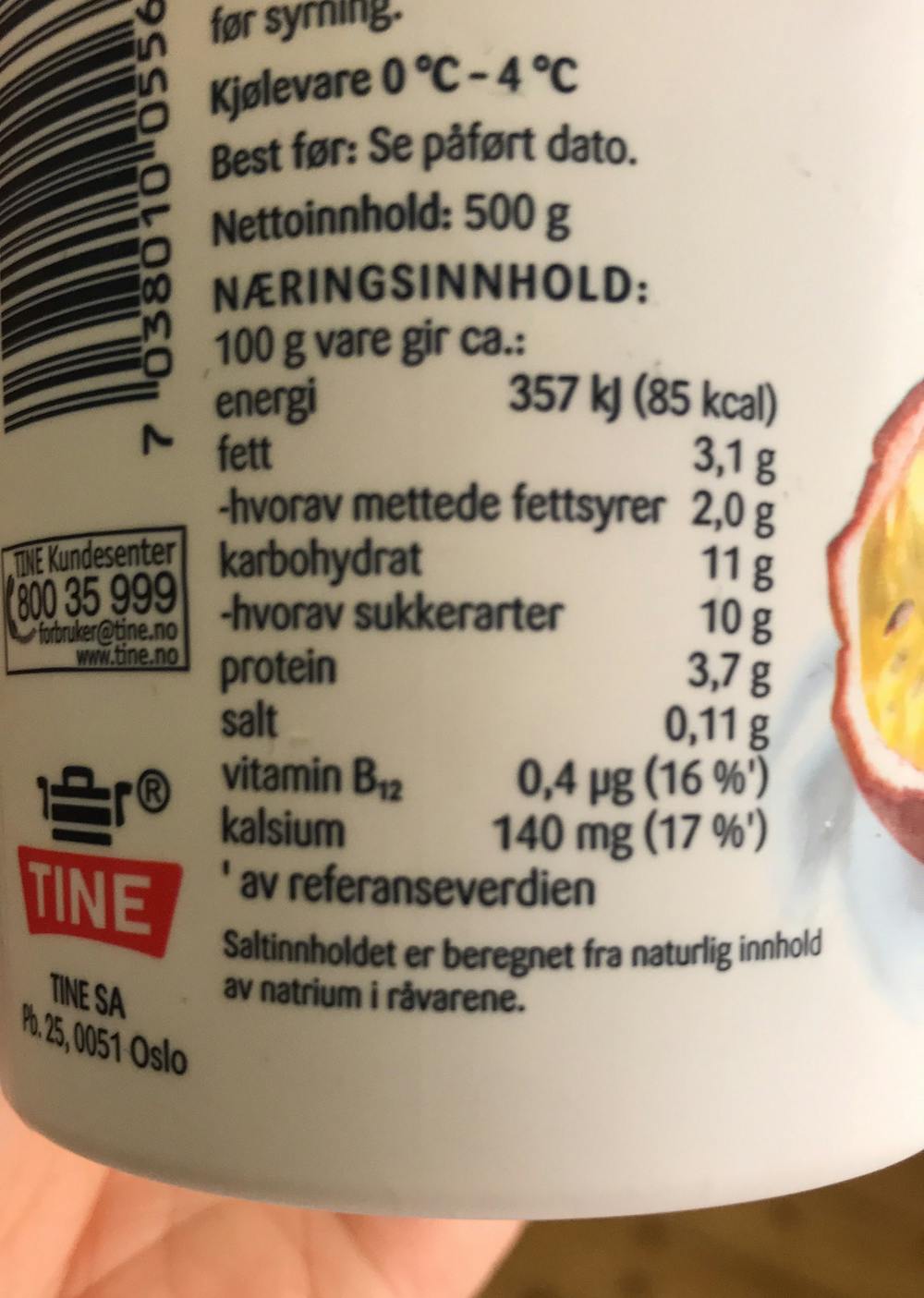 Ingredienslisten til Yoghurt melon & pasjonsfrukt 500g, Tine