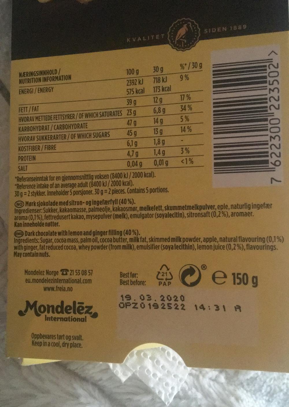 Ingredienslisten til Freia Premium fylt sitron & ingefær