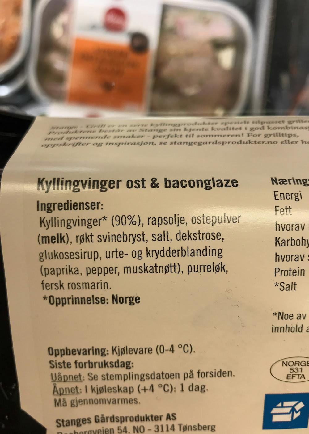 Ingredienslisten til Vinger, ost & baconglaze, Stange
