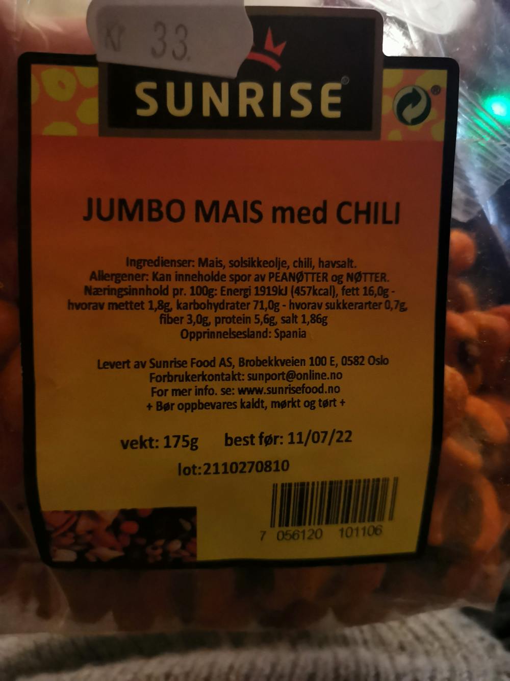 Ingrediensliste - Mais med chilli, Sunrise