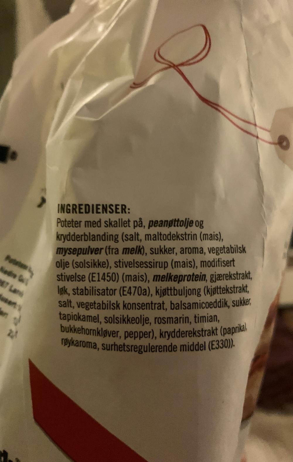 Ingredienslisten til Ribbesmak, Sørlandschips