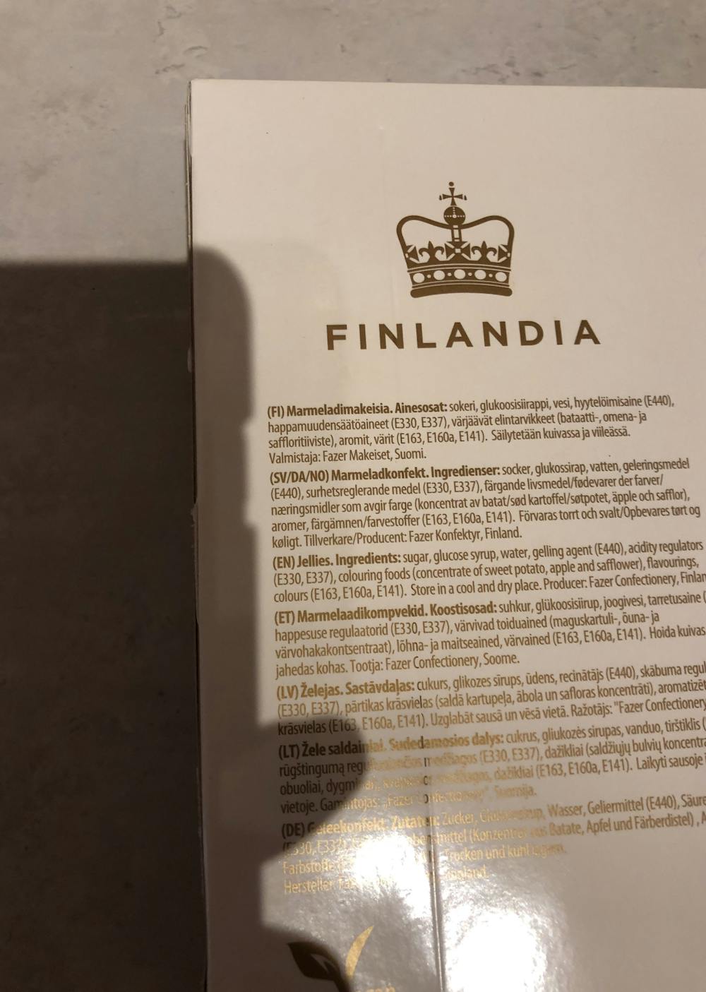 Ingredienslisten til Finlandia Marmeladeja, Fazer