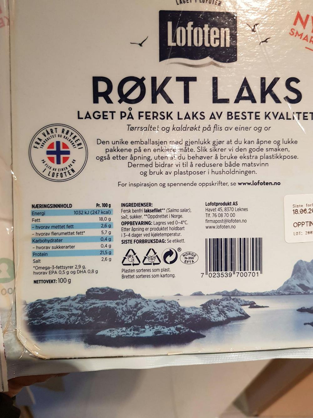 Ingredienslisten til Røkt laks, Lofoten