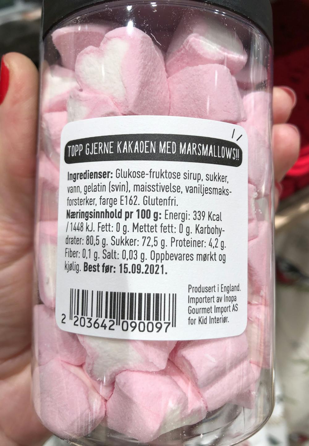 Ingredienslisten til  Heart marshmallows