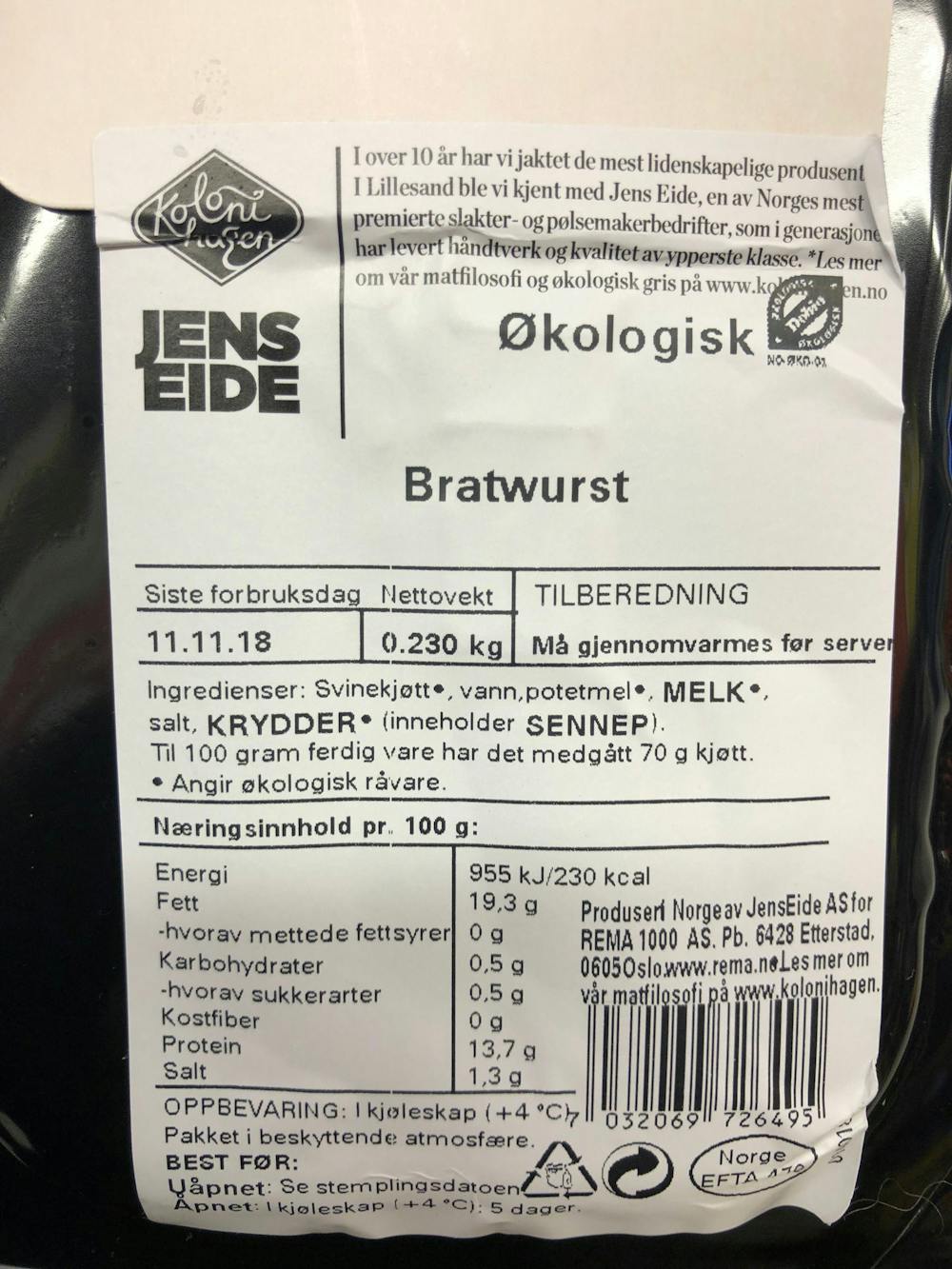 Ingrediensliste - Bratwurst, Kolonihagen