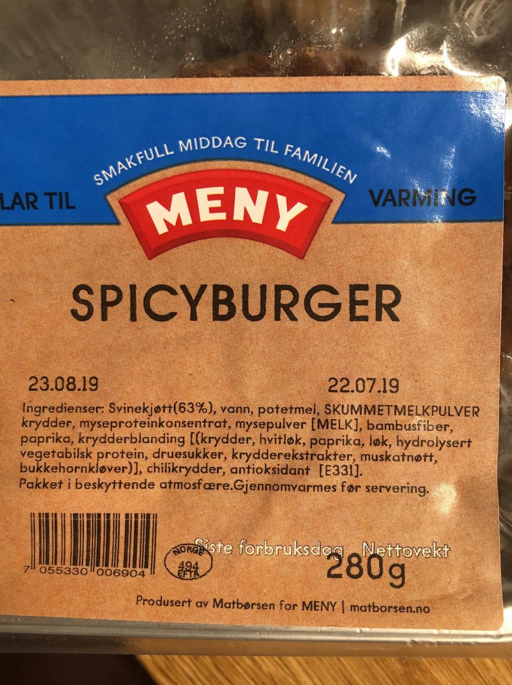Ingredienslisten til Meny Spicyburger