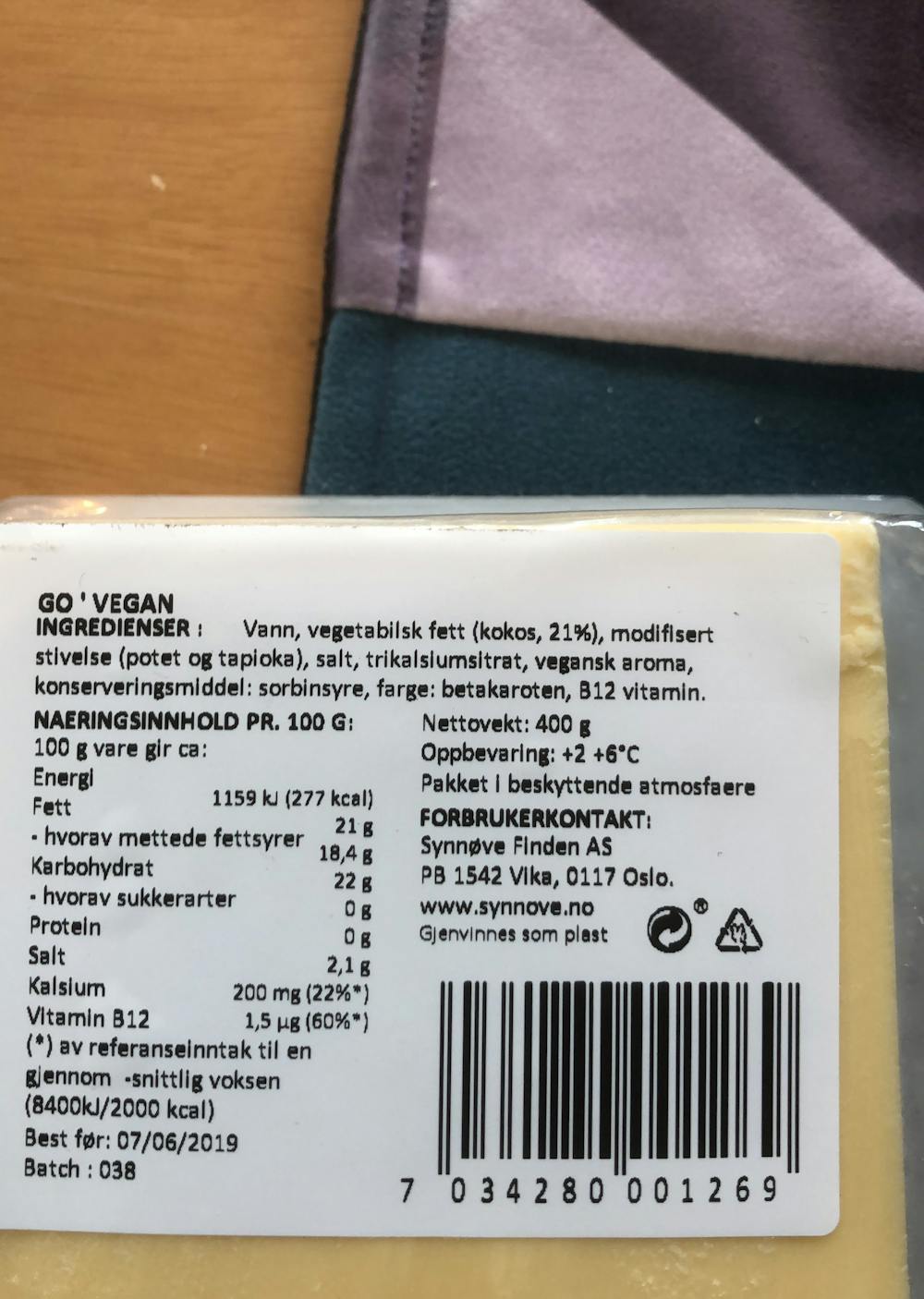 Ingredienslisten til Go' vegan et smakfullt alternativ til ost, Synnøve