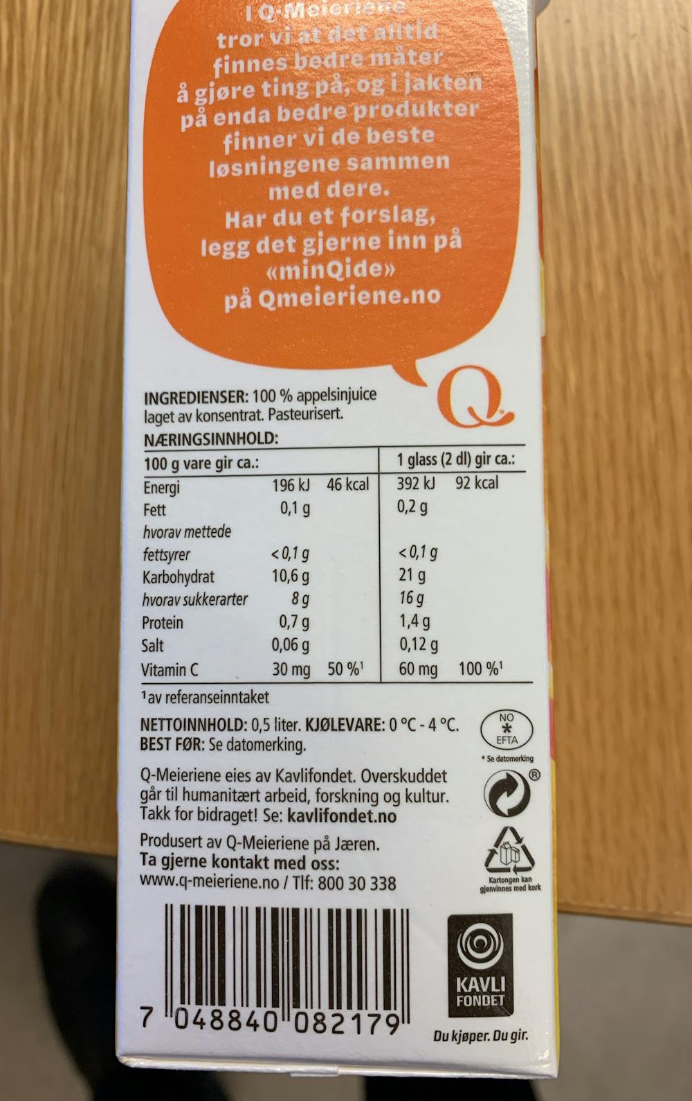 Ingredienslisten til Juice appelsin, Q-meieriene