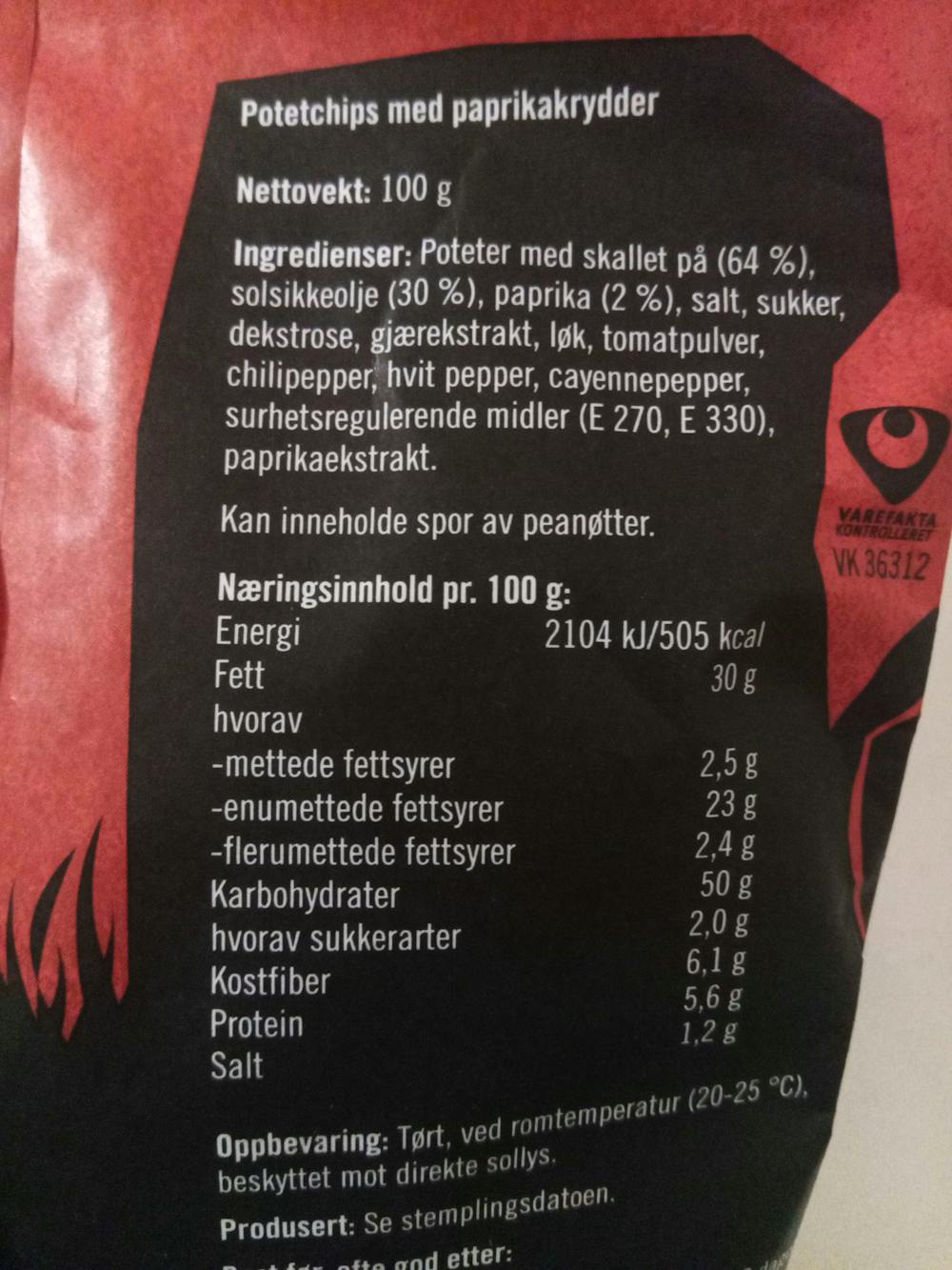 Ingredienslisten til Sørlandschips Bondens beste potetchips, happy halloween paprika