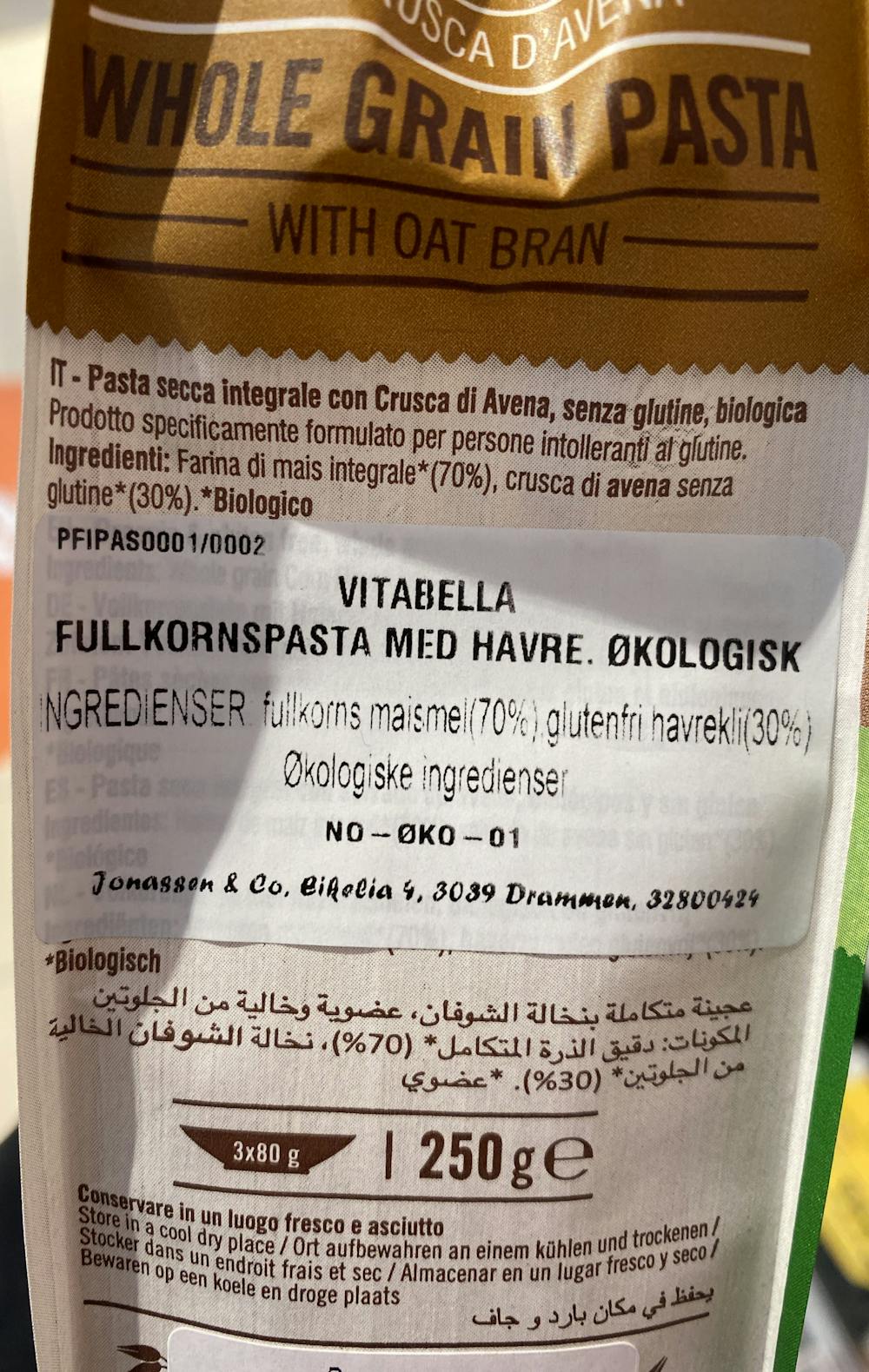 Ingrediensliste - Whole grain pasta , Vitabella