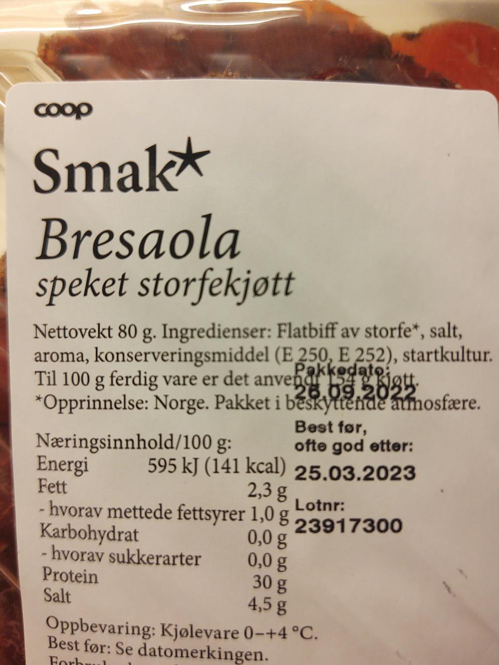 Ingrediensliste - Speket storfekjøtt, Coop
