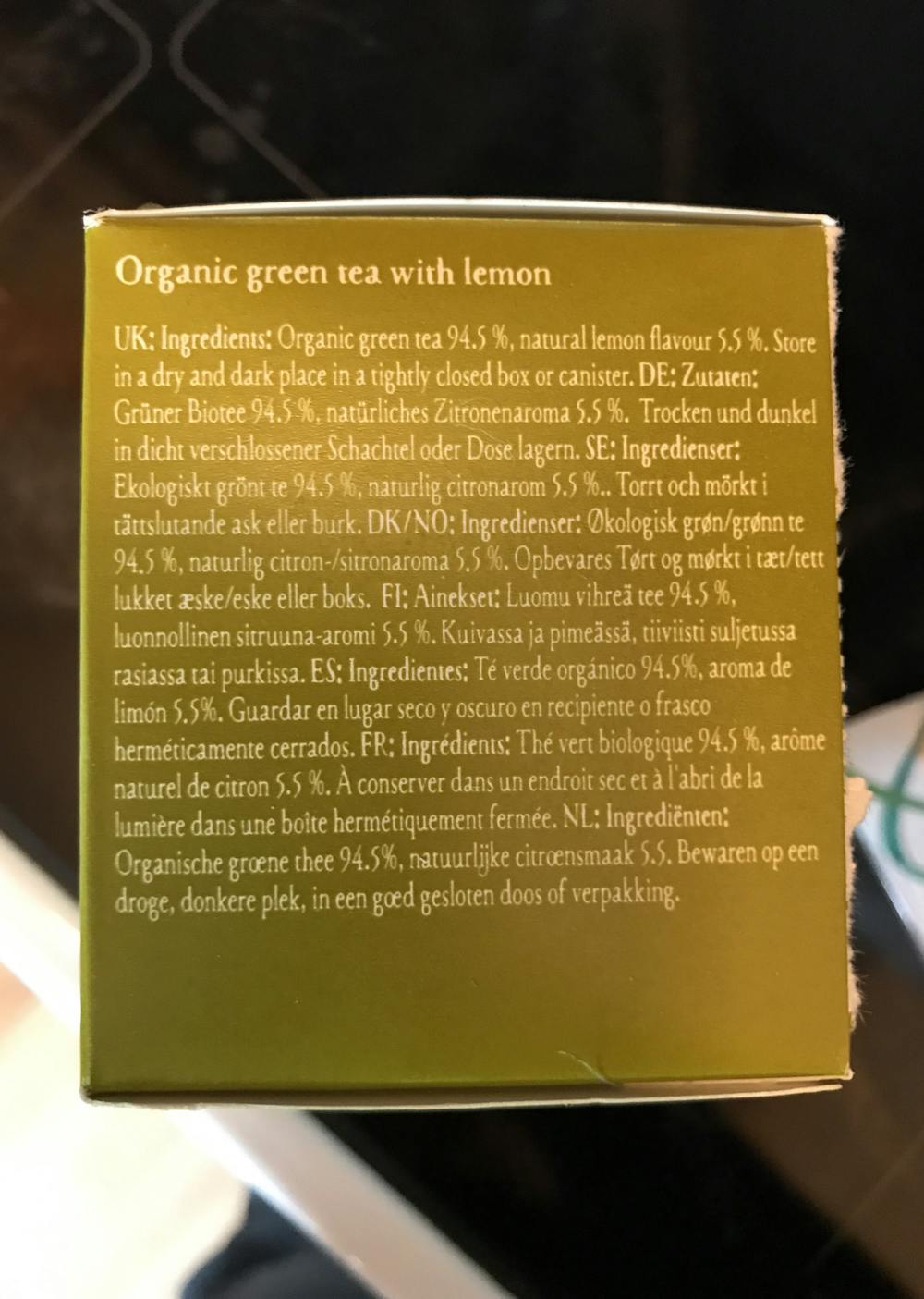 Ingrediensliste - Organic green tea lemon, Frested