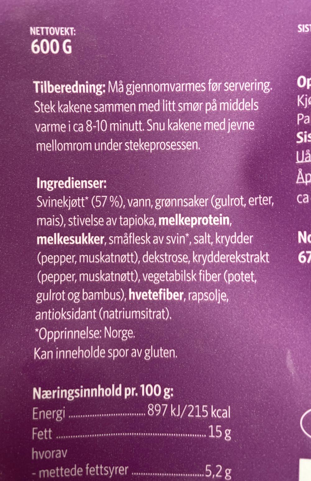 Ingredienslisten til Lunsjkaker, Nordfjord