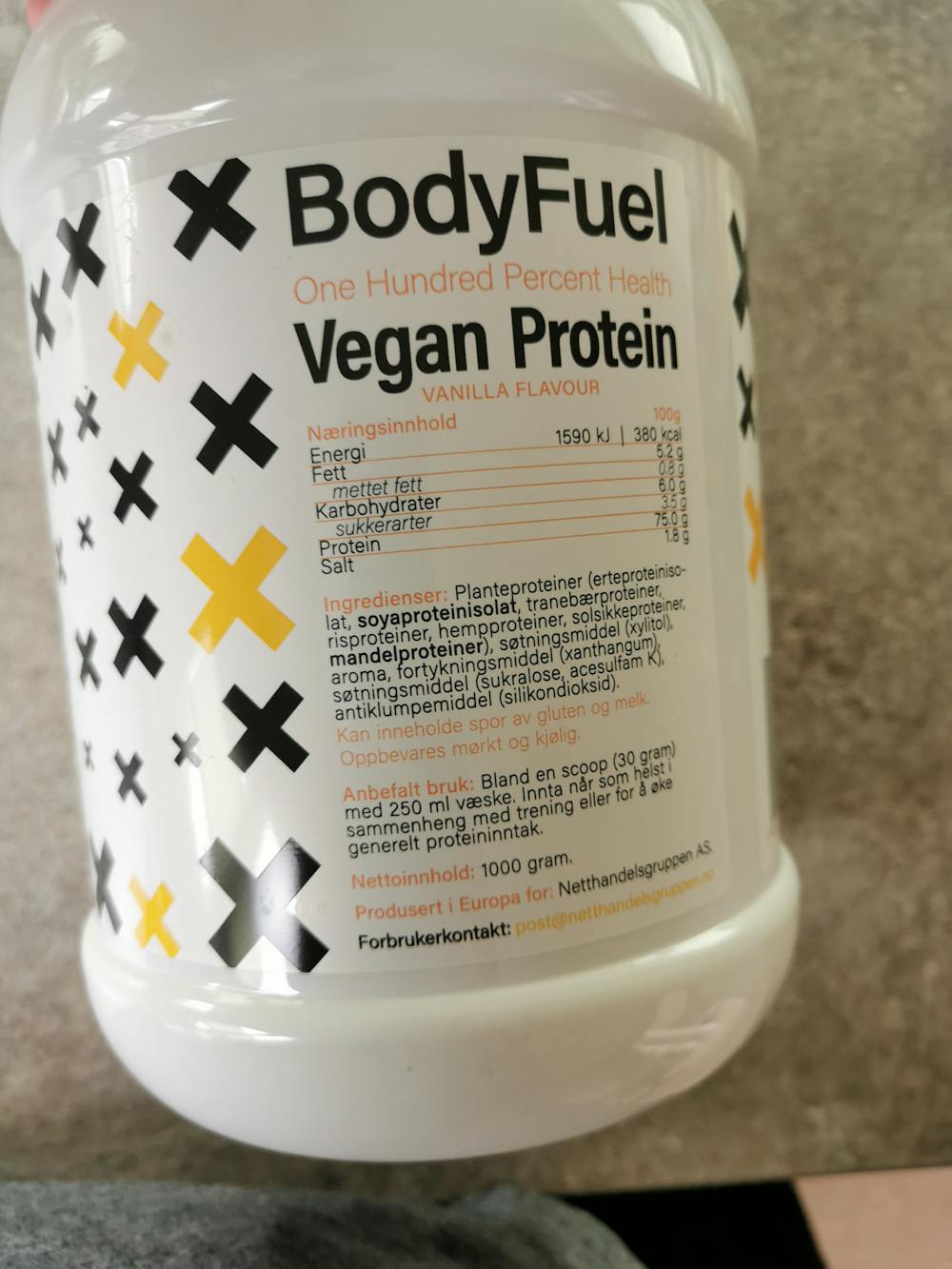 Ingredienslisten til Vegan protein, vanilla flavour, BodyFuel