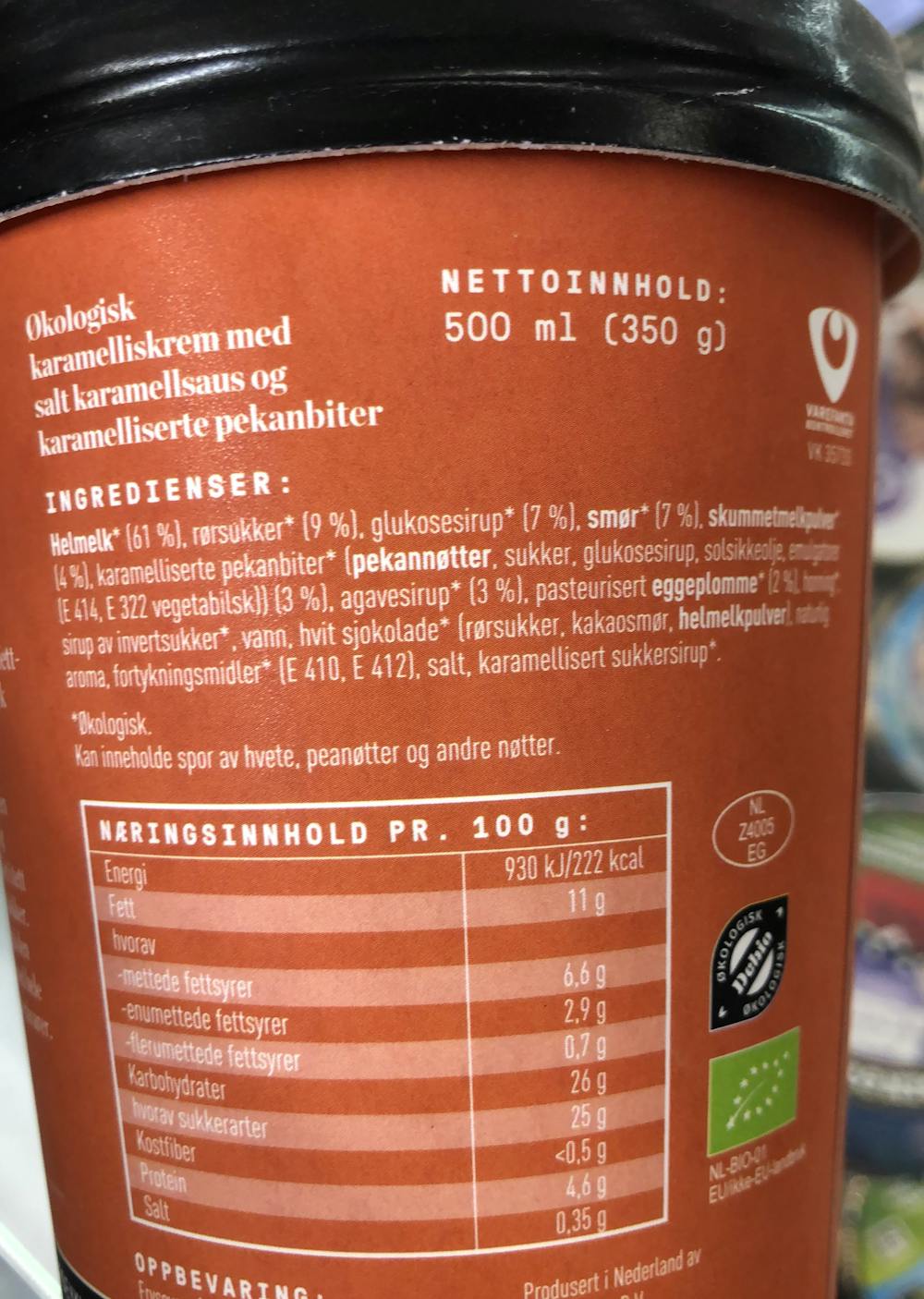 Ingredienslisten til Salt karamellis med pekannøtter, Kolonihagen