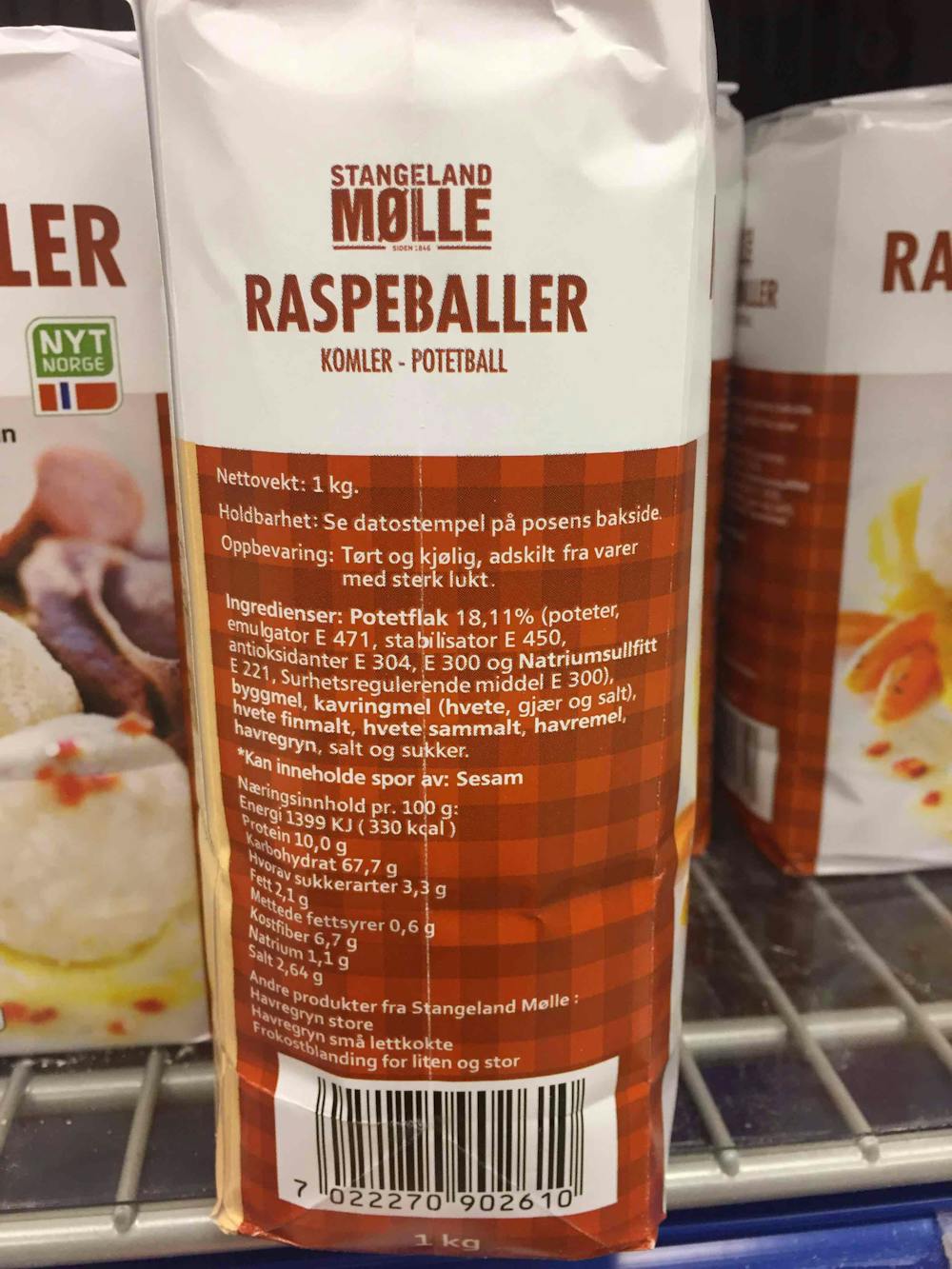Ingredienslisten til Stangeland mølle Raspeballer