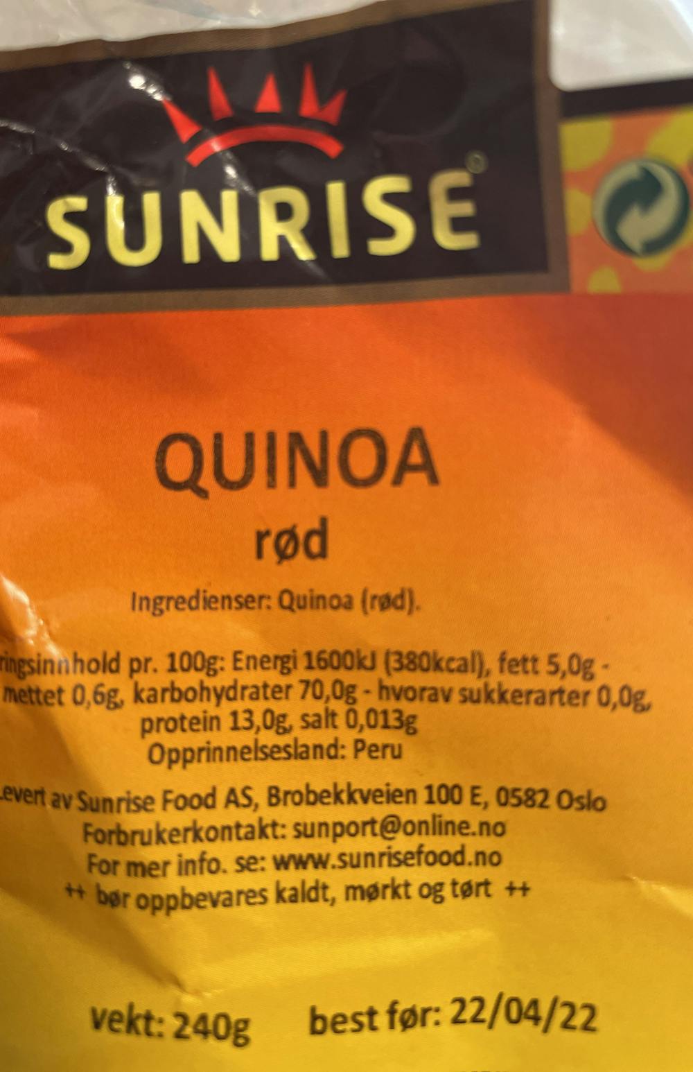 Ingrediensliste - Quinoa rød, Sunrise
