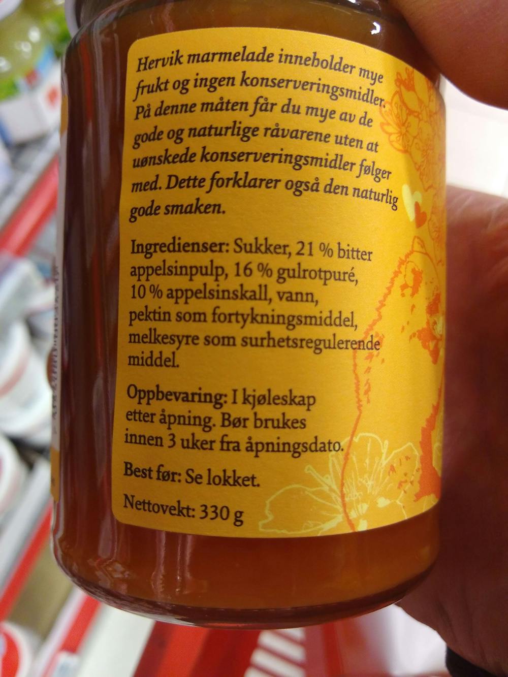 Ingredienslisten til Hervik Appelsin og gulrot marmelade