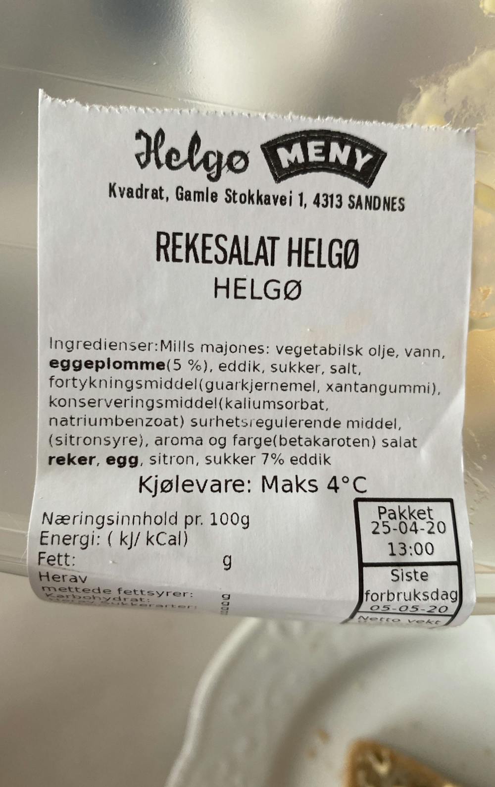 Ingredienslisten til Helgø Meny Rekesalat