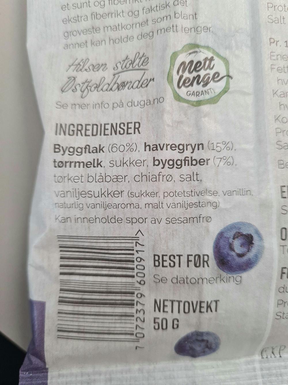 Ingredienslisten til Fibergrøt blåbær & vanilje, Duga 