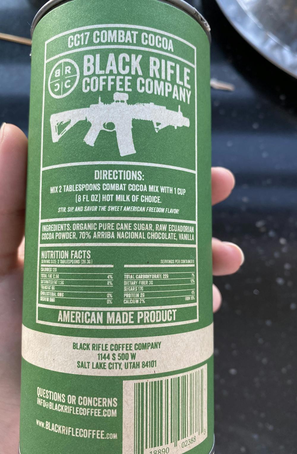 Ingredienslisten til Black rifle coffee company Combat cocoa
