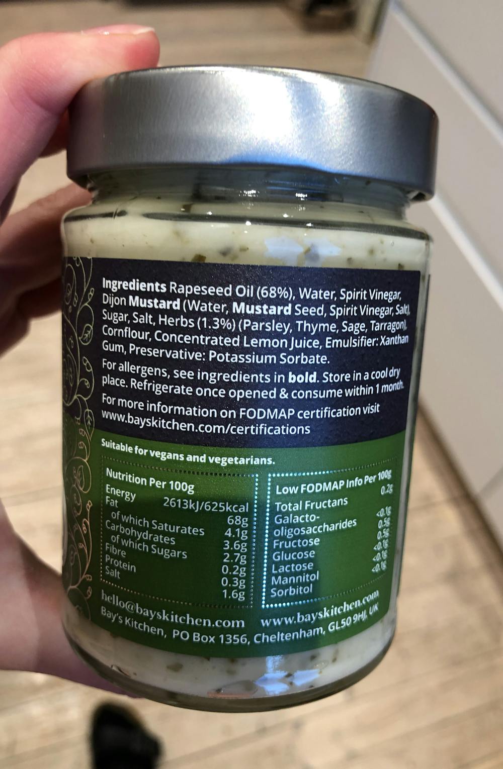 Ingrediensliste - Garden Herb, vegan mayonnaise, Bay's Kitchen