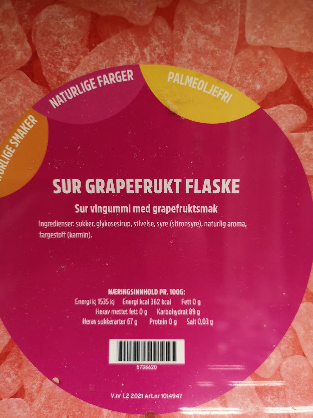 Ingredienslisten til Candy King Sur grapefrukt flaske
