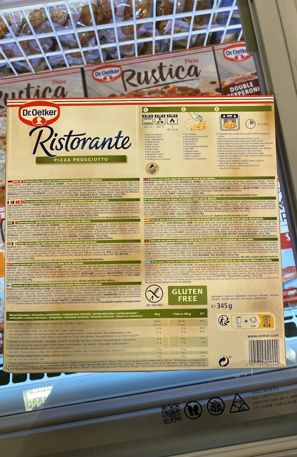 Ingredienslisten til Dr. Oetker Ristorante pizza prosciutto glutenfri