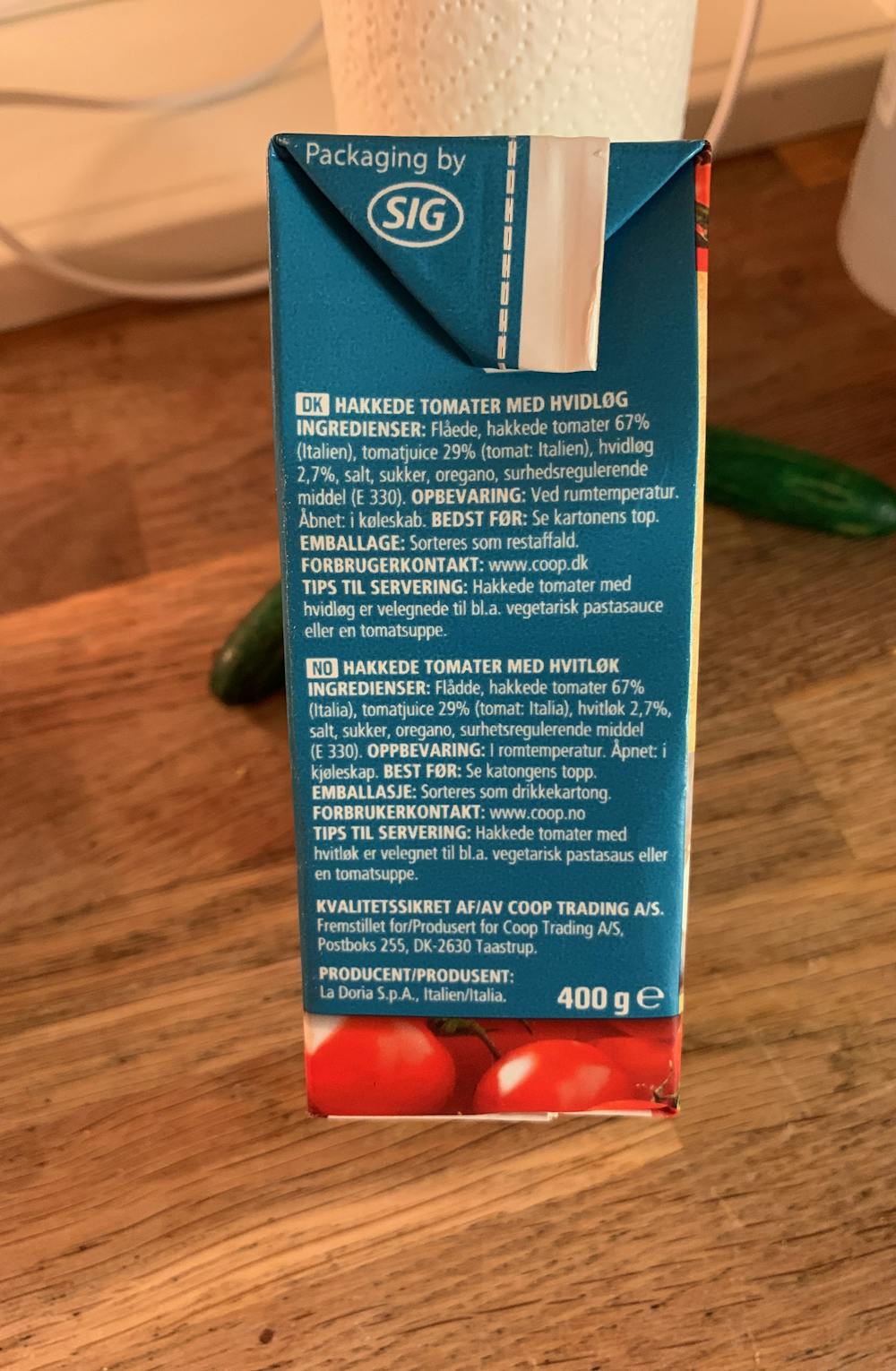 Ingrediensliste - Hakkede tomater med hvitløk, Coop
