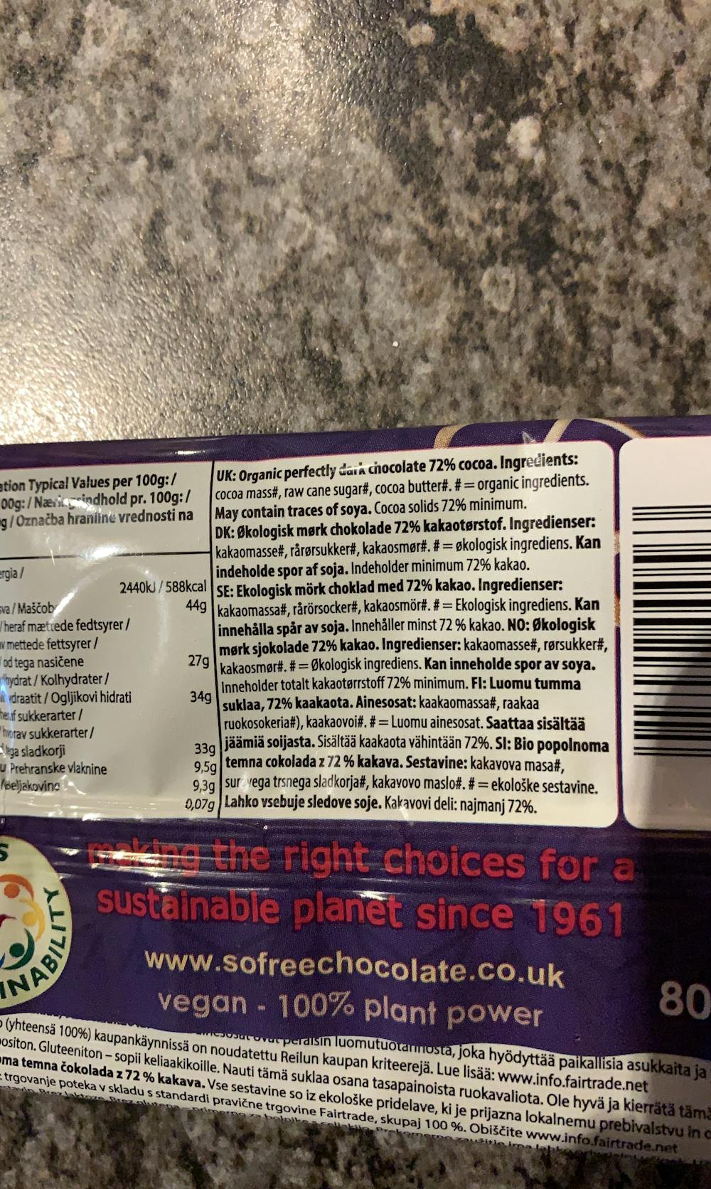 Ingredienslisten til So free Organic dark chocolate