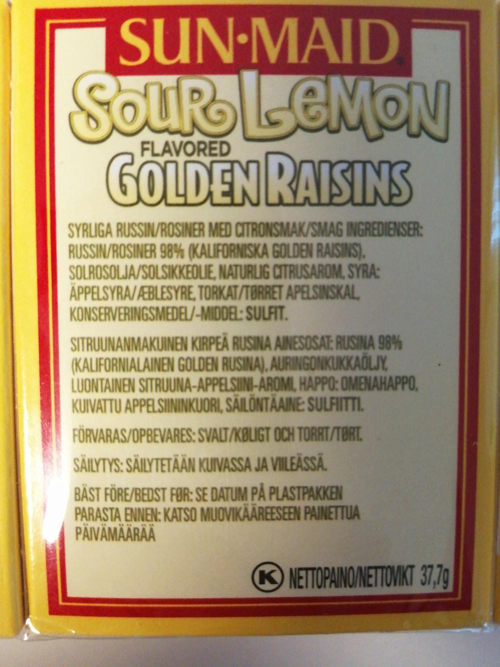 Ingredienslisten til Sunmaid Sour lemon golden raisins