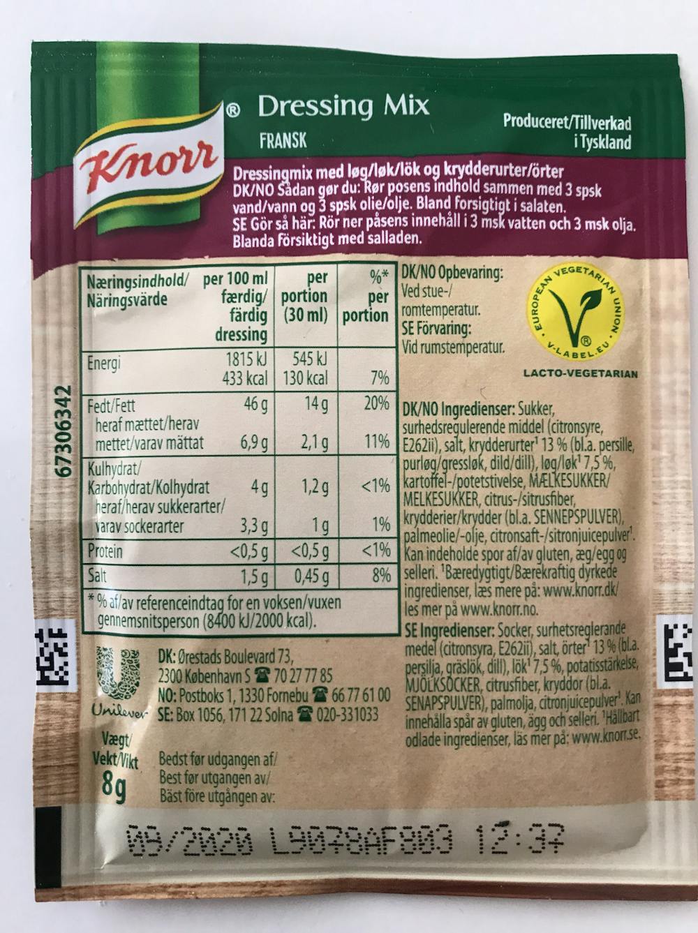 Ingredienslisten til Knorr Dressingmix, fransk
