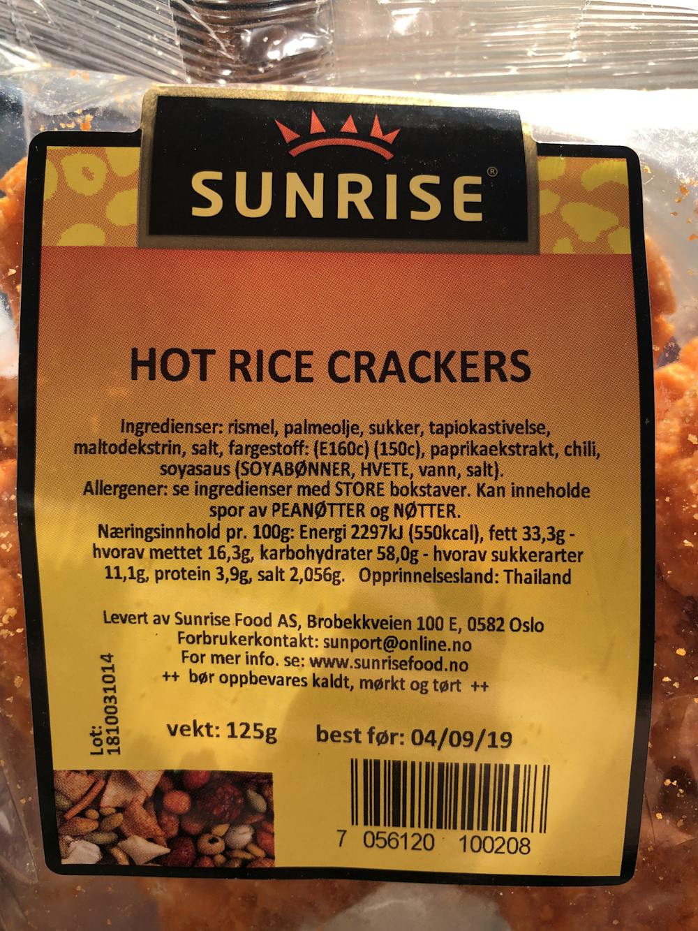 Ingredienslisten til Sunrise Hot rice crackers