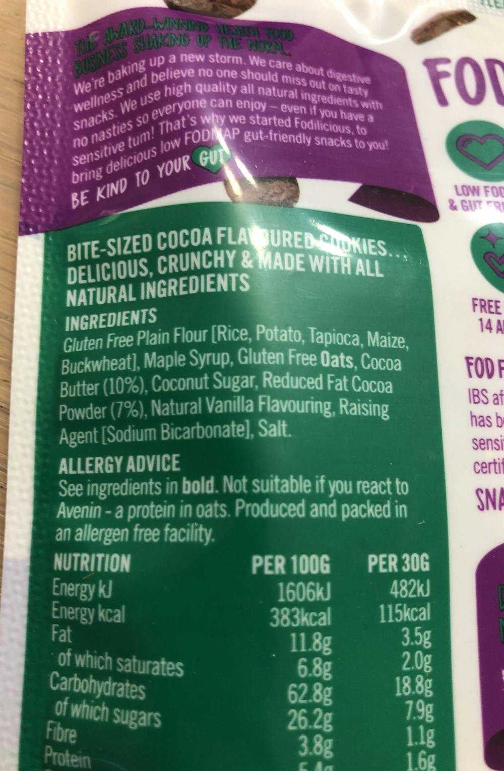 Ingredienslisten til Cookie buttons, cocoa crunch, Fodlicious