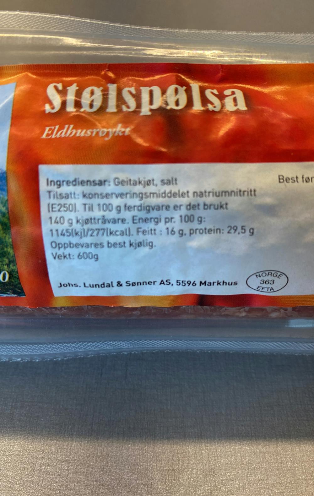 Ingredienslisten til Lundal Stølspølsa