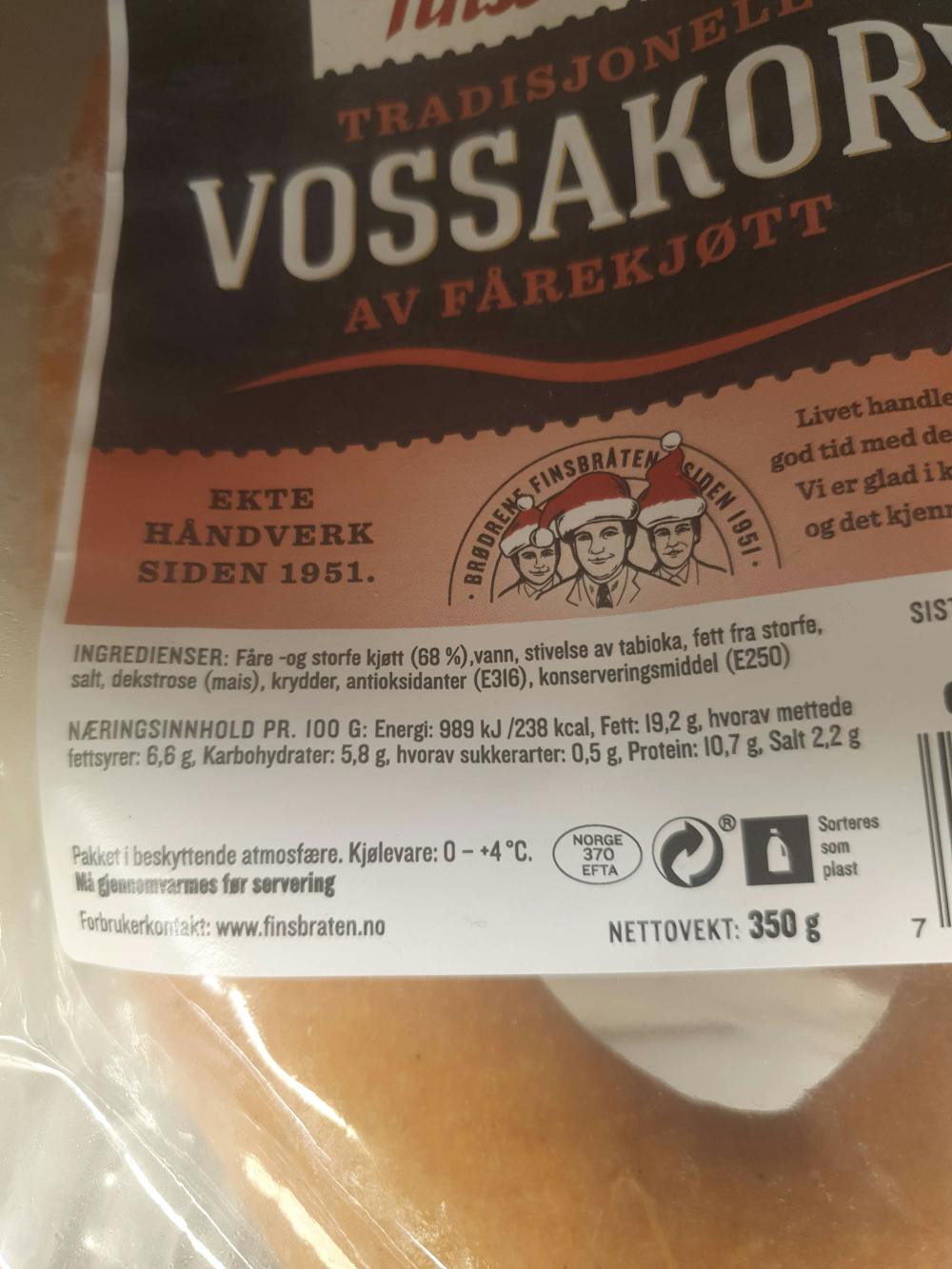 Ingredienslisten til Finsbråten Vossakorv