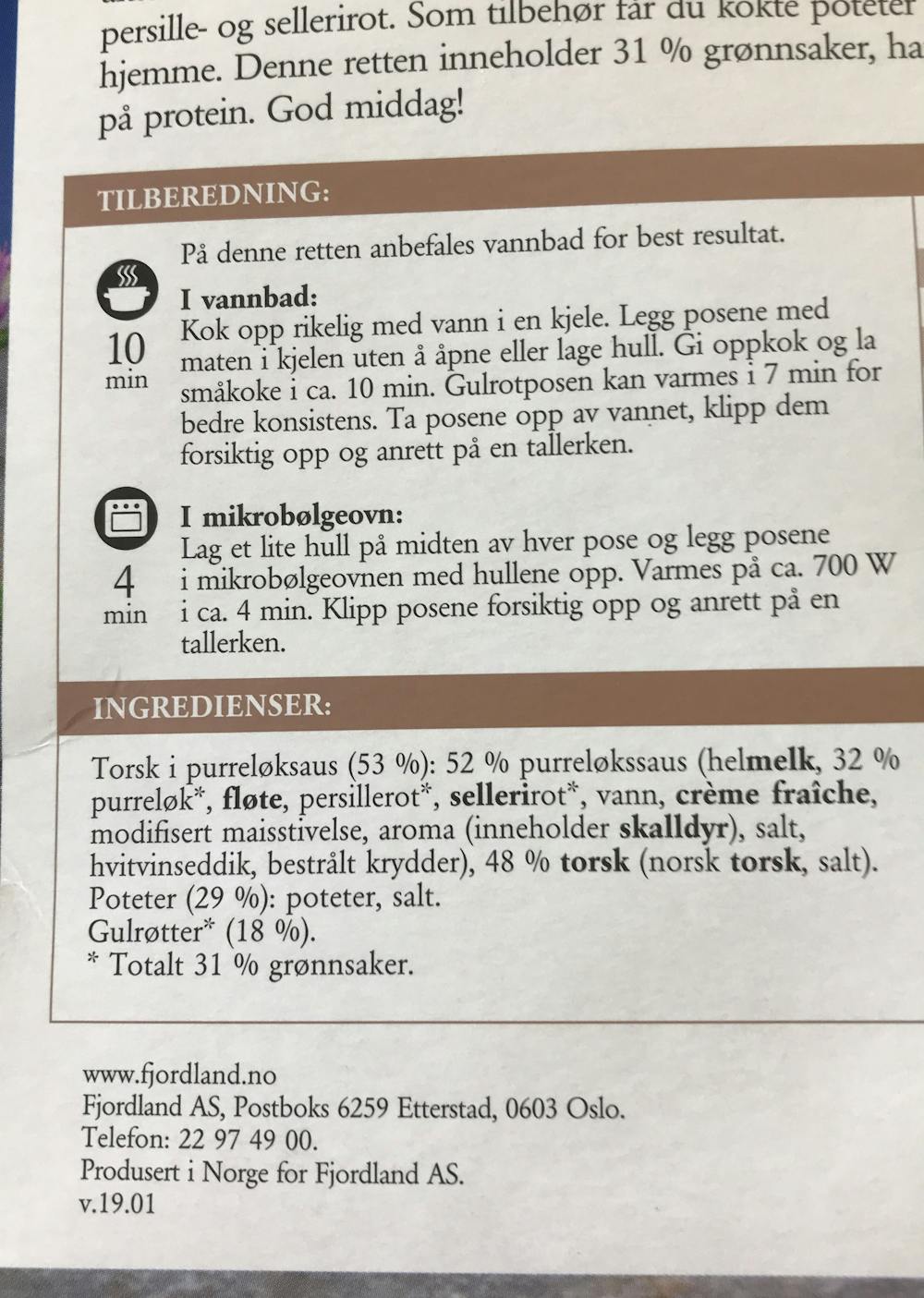 Ingredienslisten til Fjordland Torsk med purrløksaus, gulrøtter og poteter