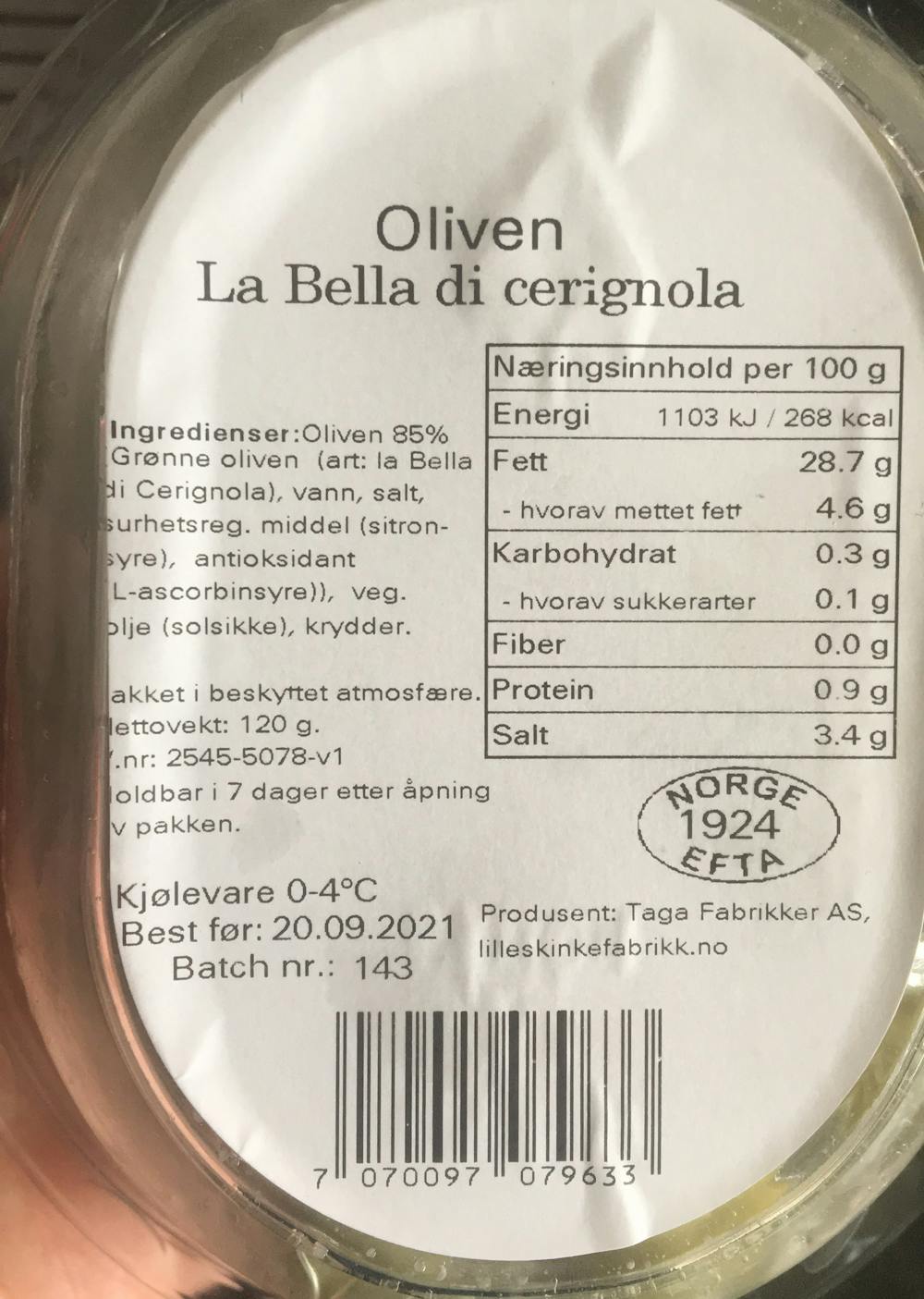 Ingrediensliste - Oliven la bella di cerignola, Lille skinke fabrikk