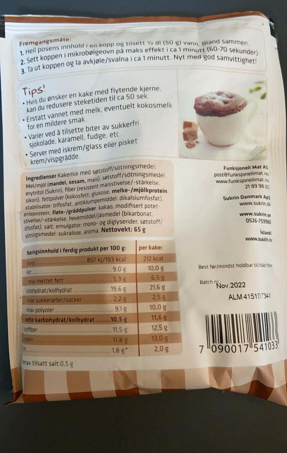 Ingredienslisten til Funksjonell mat Cake in a cup, chocolate & caramel