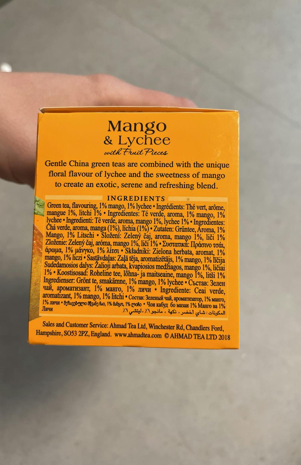 Ingrediensliste - Mango og lychee te, Ahmad tea